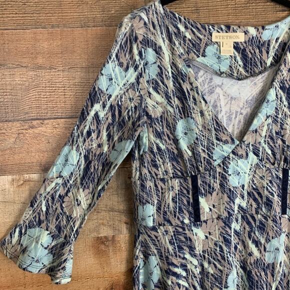 Stetson Cropped Sleeve Floral V-Neck Dress Blue Gray Size Medium - Picture 4 of 9